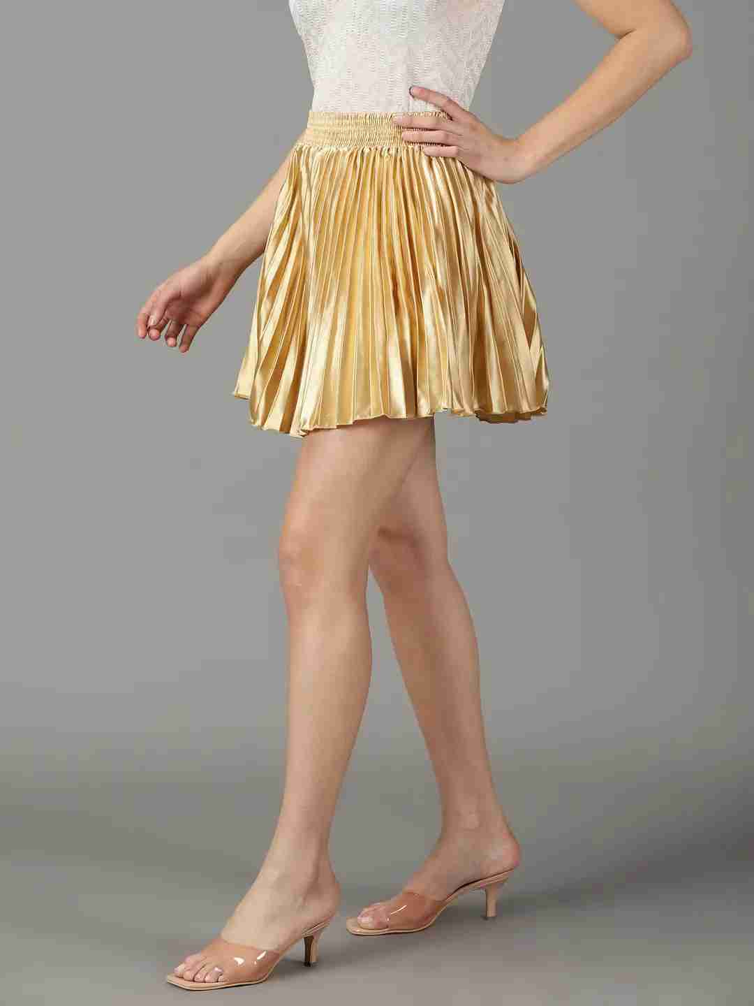 SHOWOFF Women's Solid Gold Satin Flared Skirt