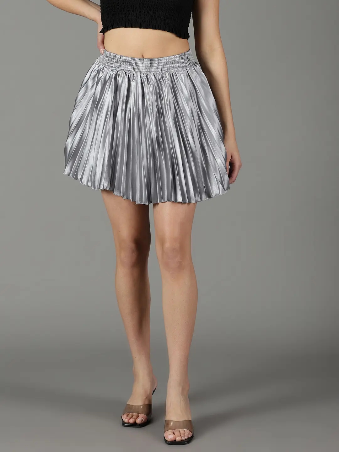 SHOWOFF Women's Solid Grey Satin Flared Skirt