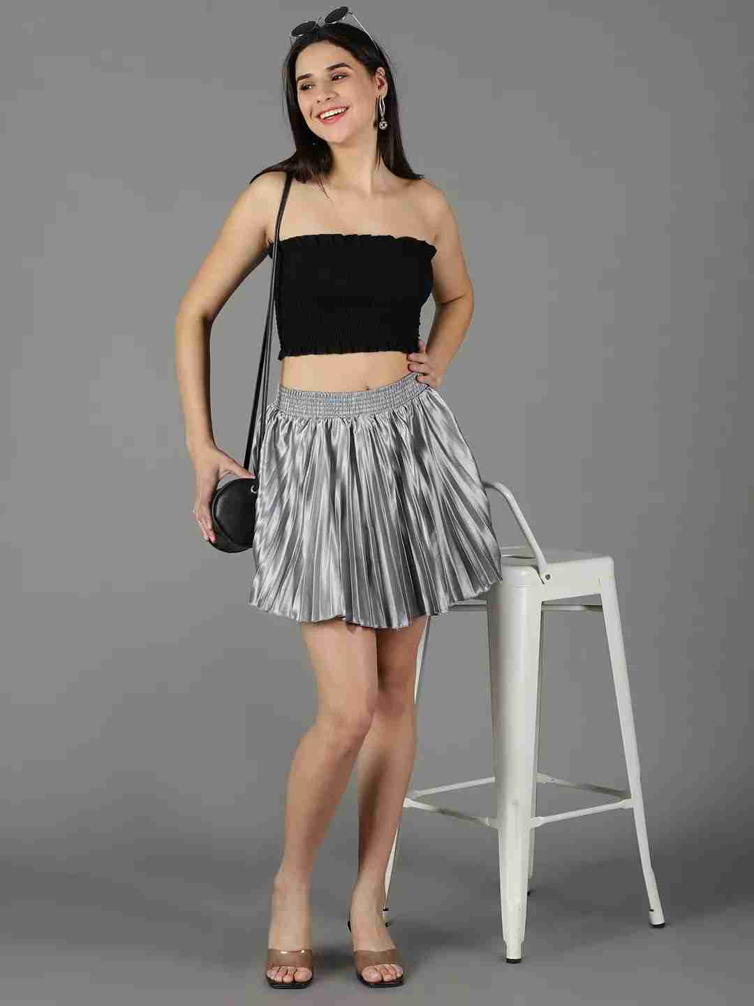 SHOWOFF Women's Solid Grey Satin Flared Skirt