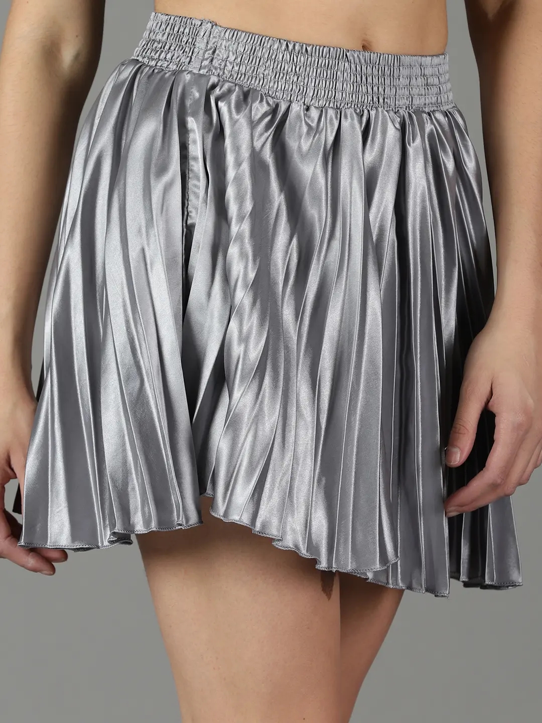 SHOWOFF Women's Solid Grey Satin Flared Skirt