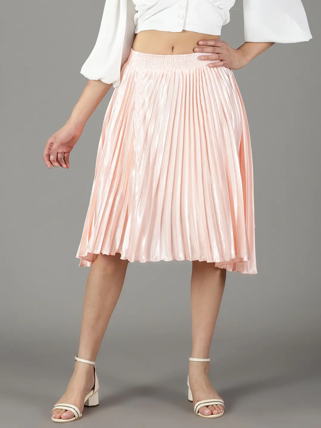 SHOWOFF Women's Solid Peach Satin Flared Skirt