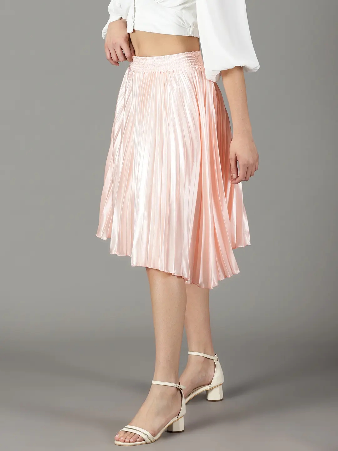 SHOWOFF Women's Solid Peach Satin Flared Skirt