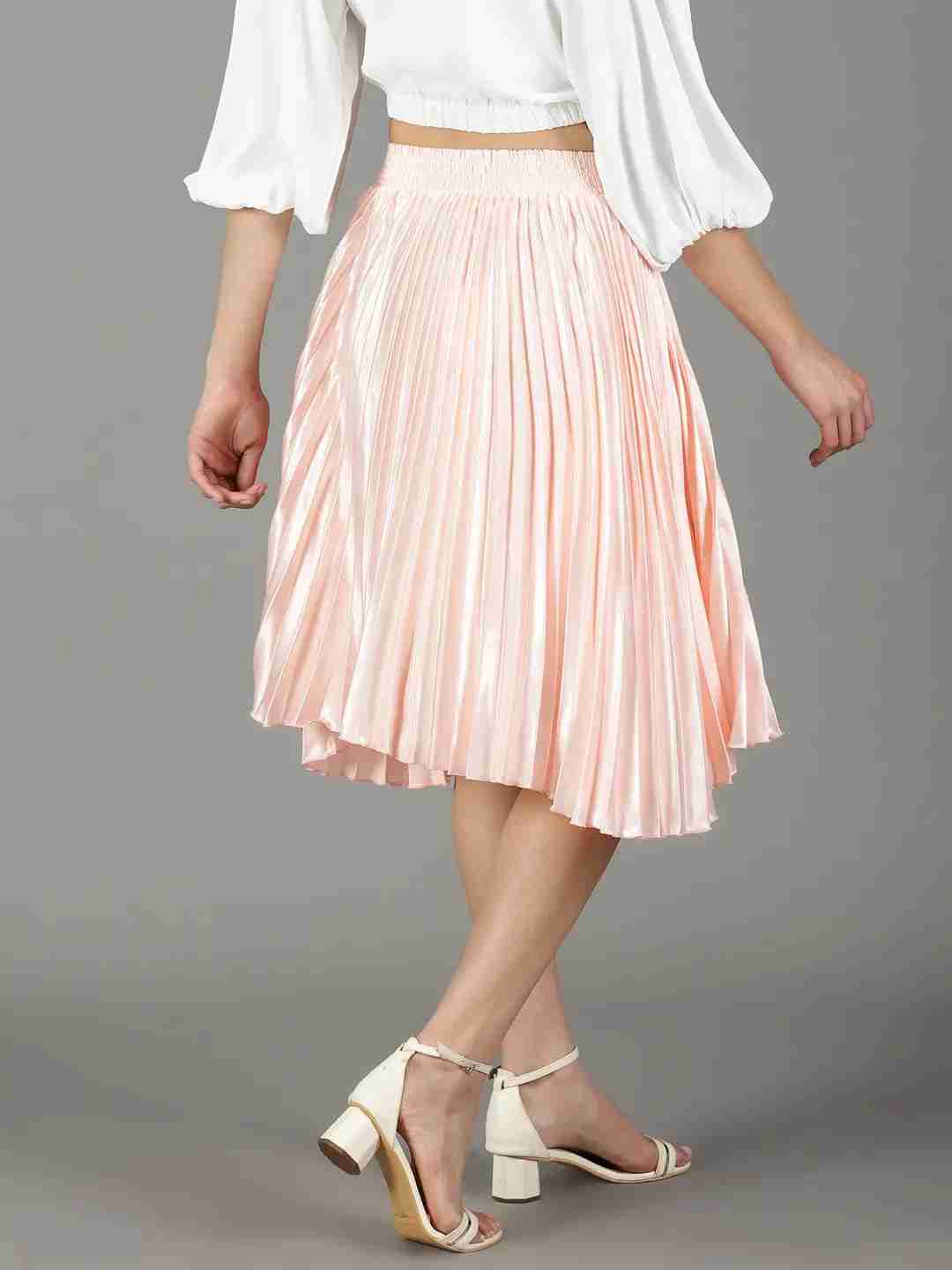 SHOWOFF Women's Solid Peach Satin Flared Skirt