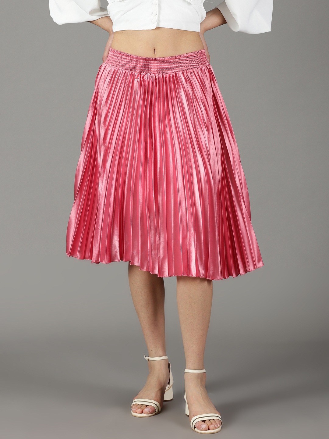 SHOWOFF Women's Solid Pink Satin Flared Skirt