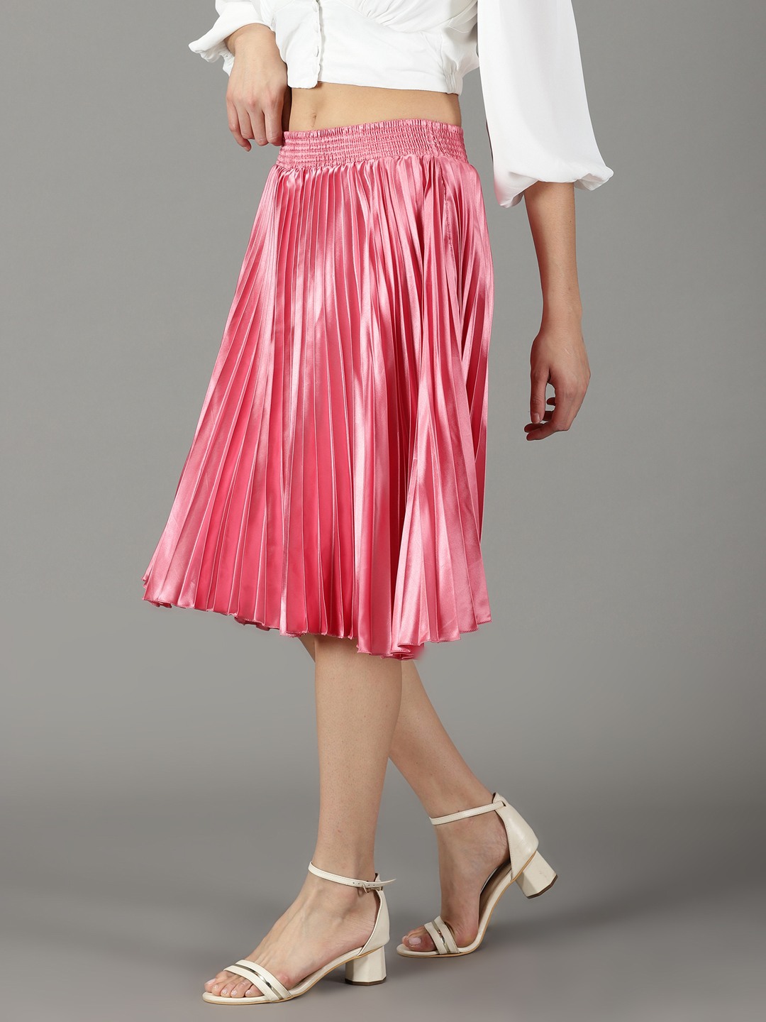 SHOWOFF Women's Solid Pink Satin Flared Skirt