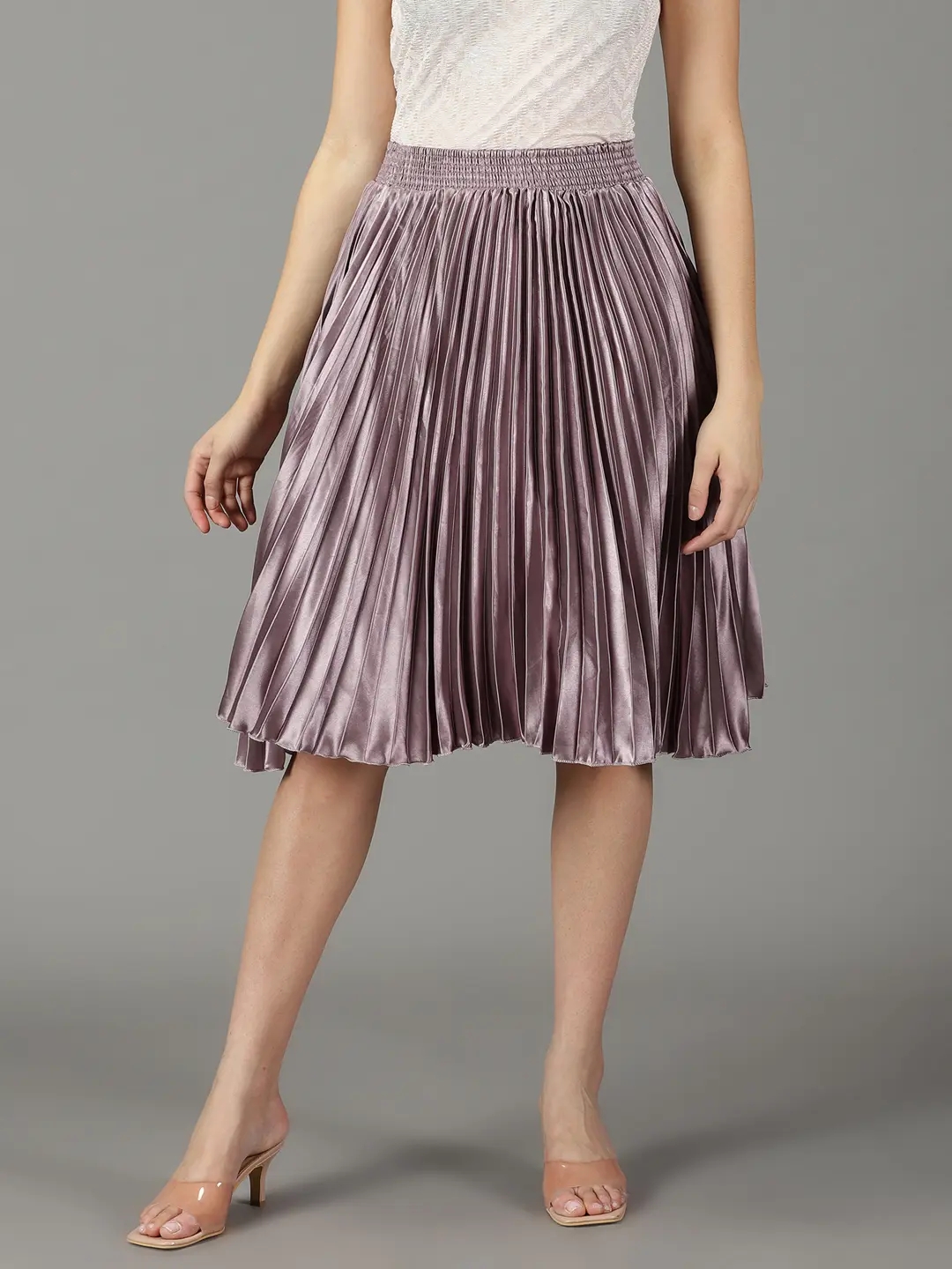 SHOWOFF Women's Solid Violet Satin Flared Skirt