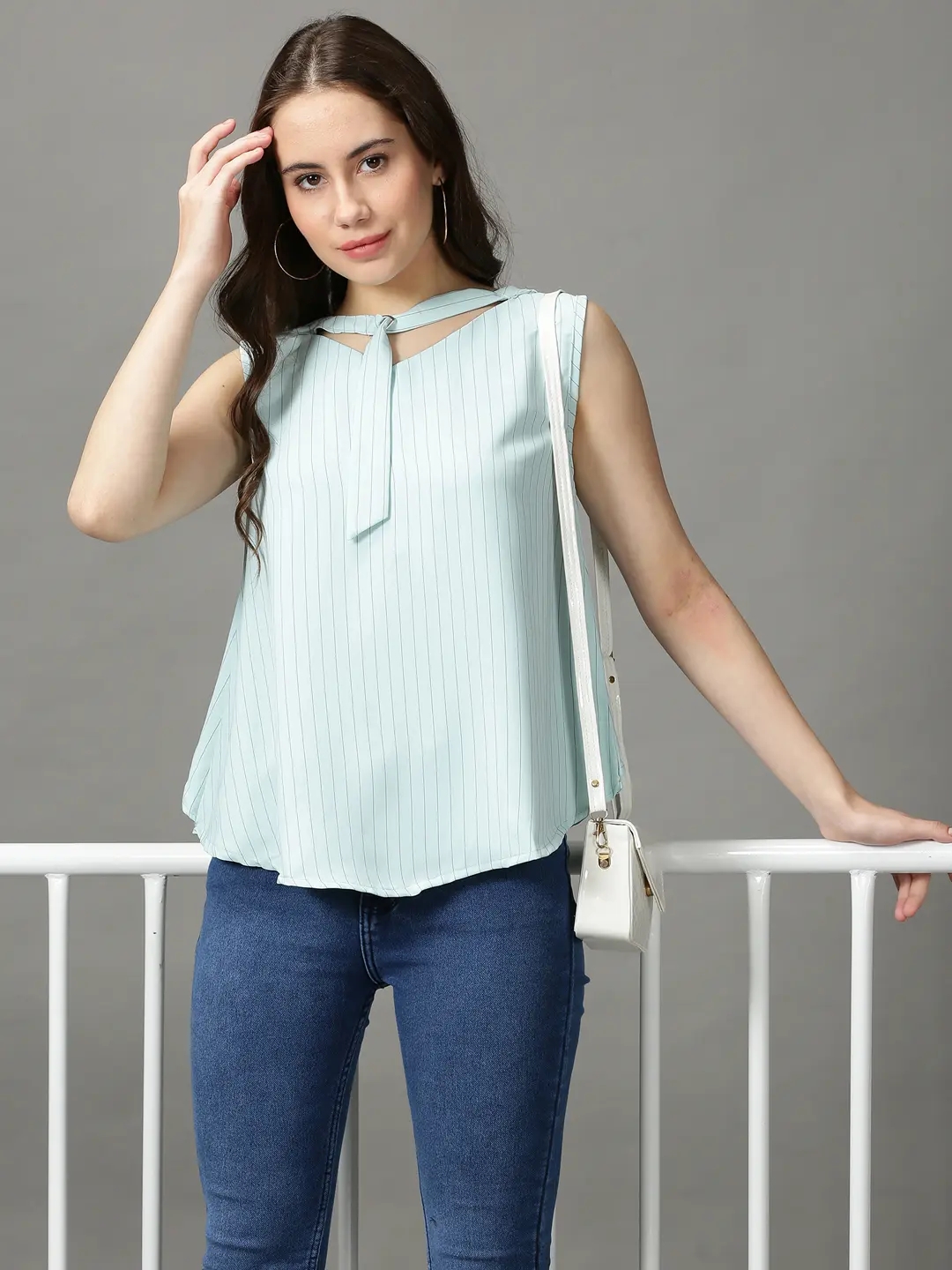SHOWOFF Women's Sleeveless Tie-Up Neck Sea Green Striped Top
