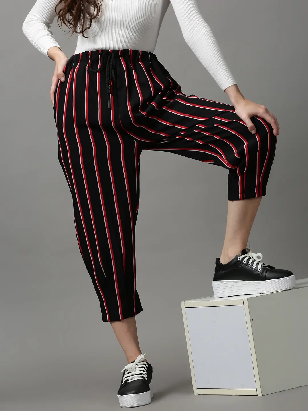 SHOWOFF Women's Flat-Front Striped Black Regular Fit Polyester Trousers