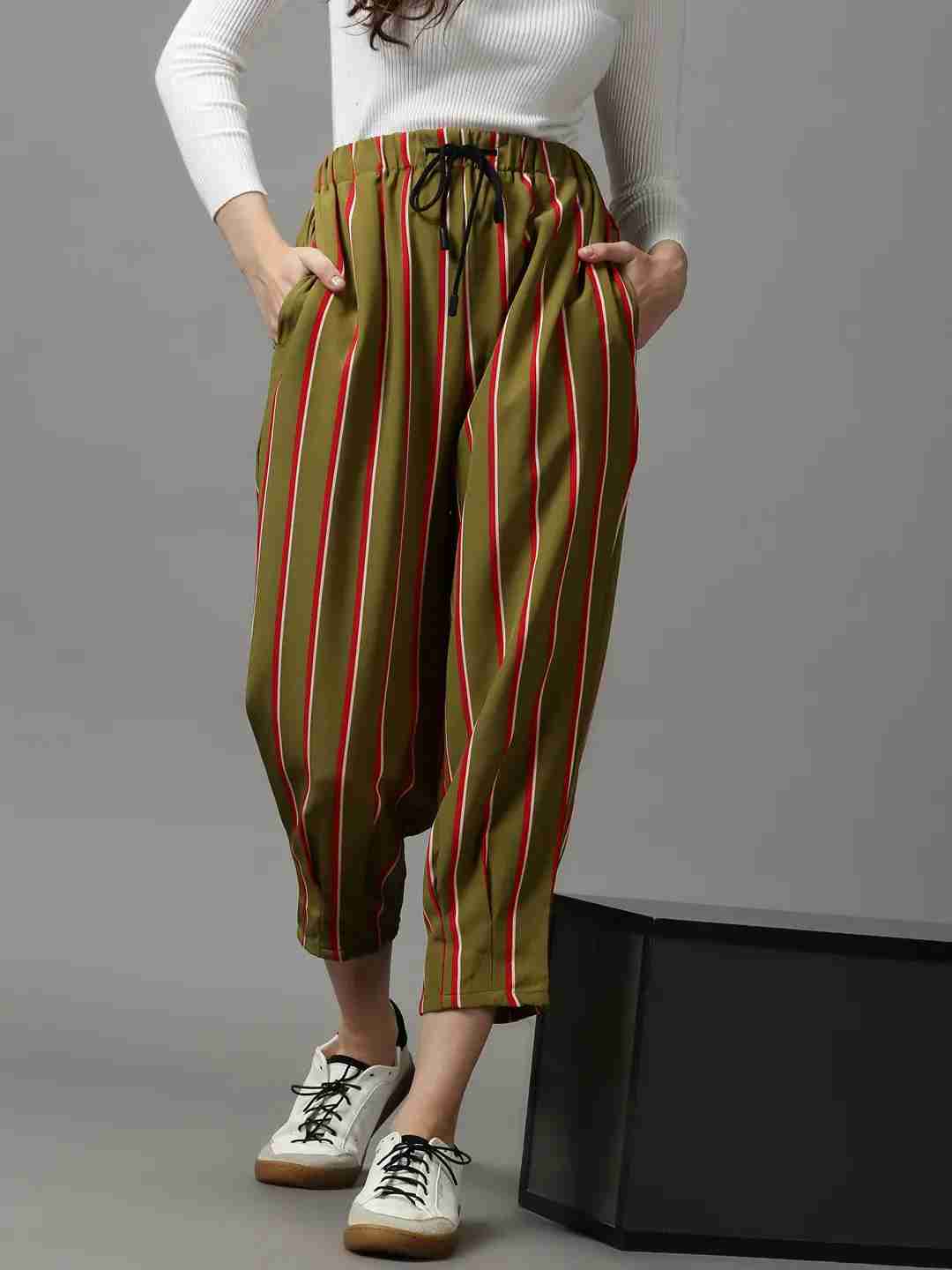 Women's Green Polyester Striped Trousers