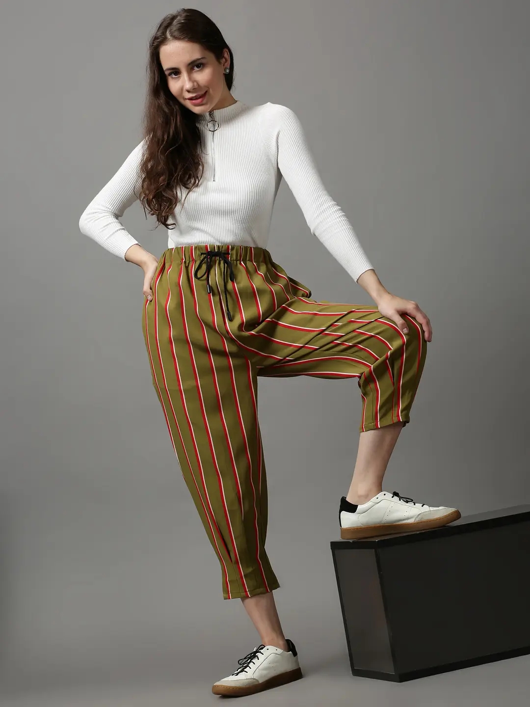 Women's Green Polyester Striped Trousers