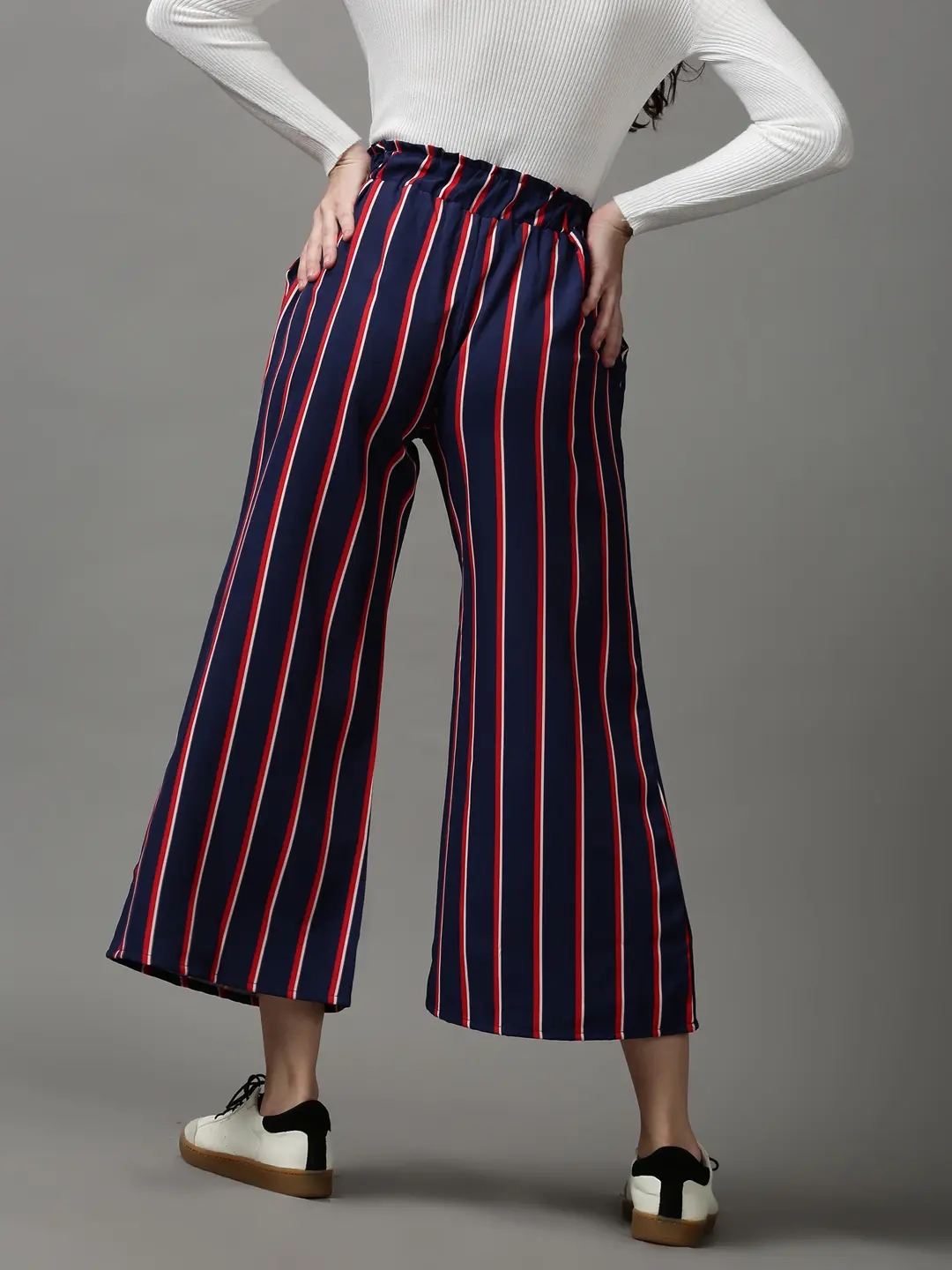 Women's Blue Polyester Striped Trousers