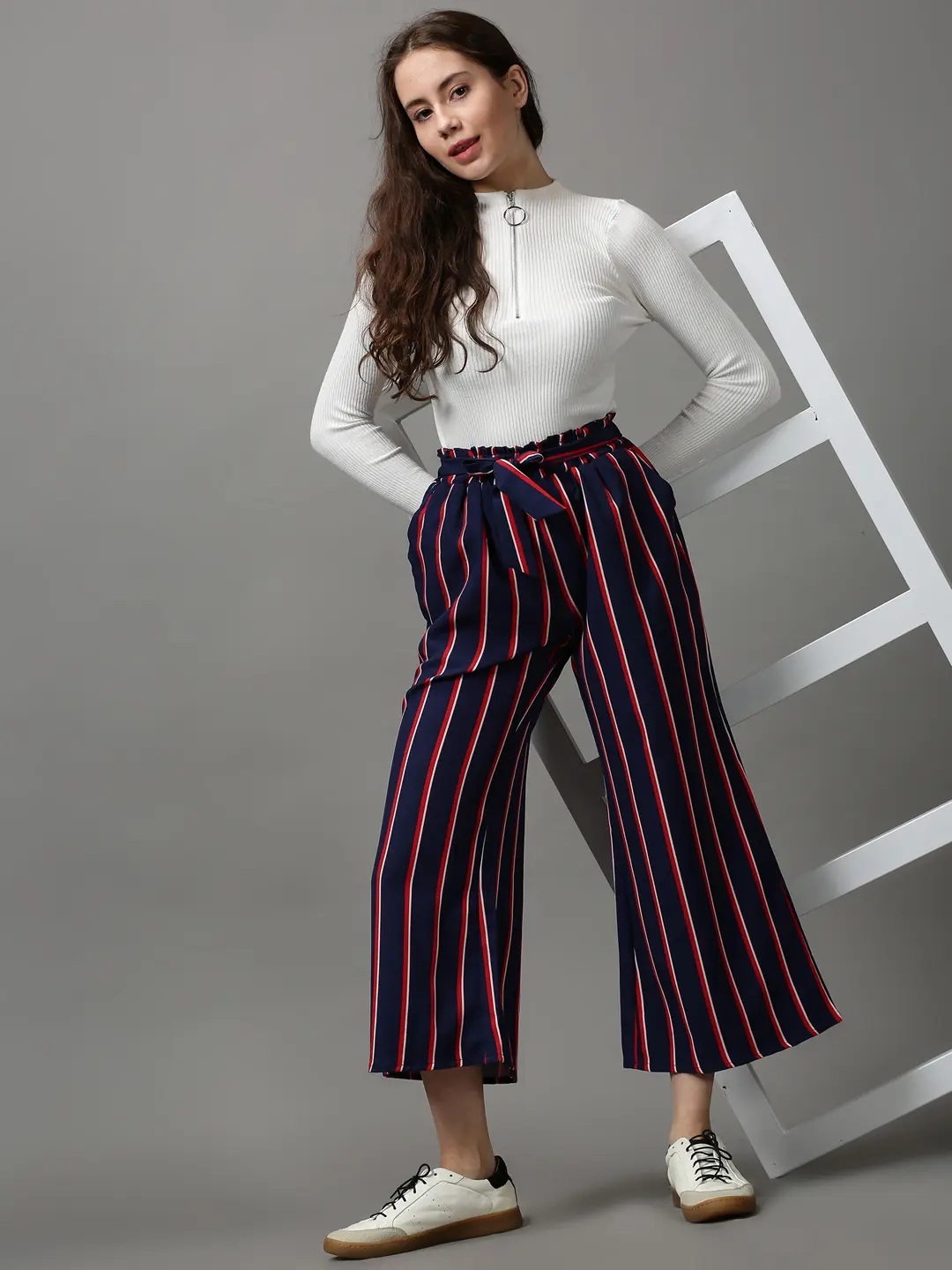 Women's Blue Polyester Striped Trousers