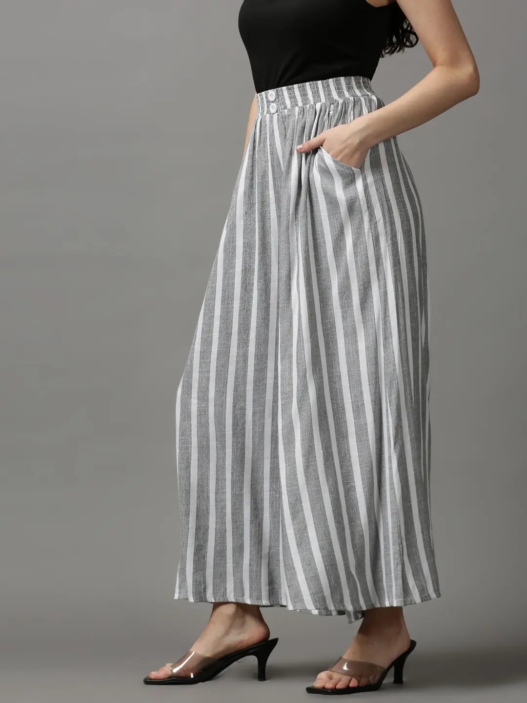 Women's Grey Cotton Striped Culottes