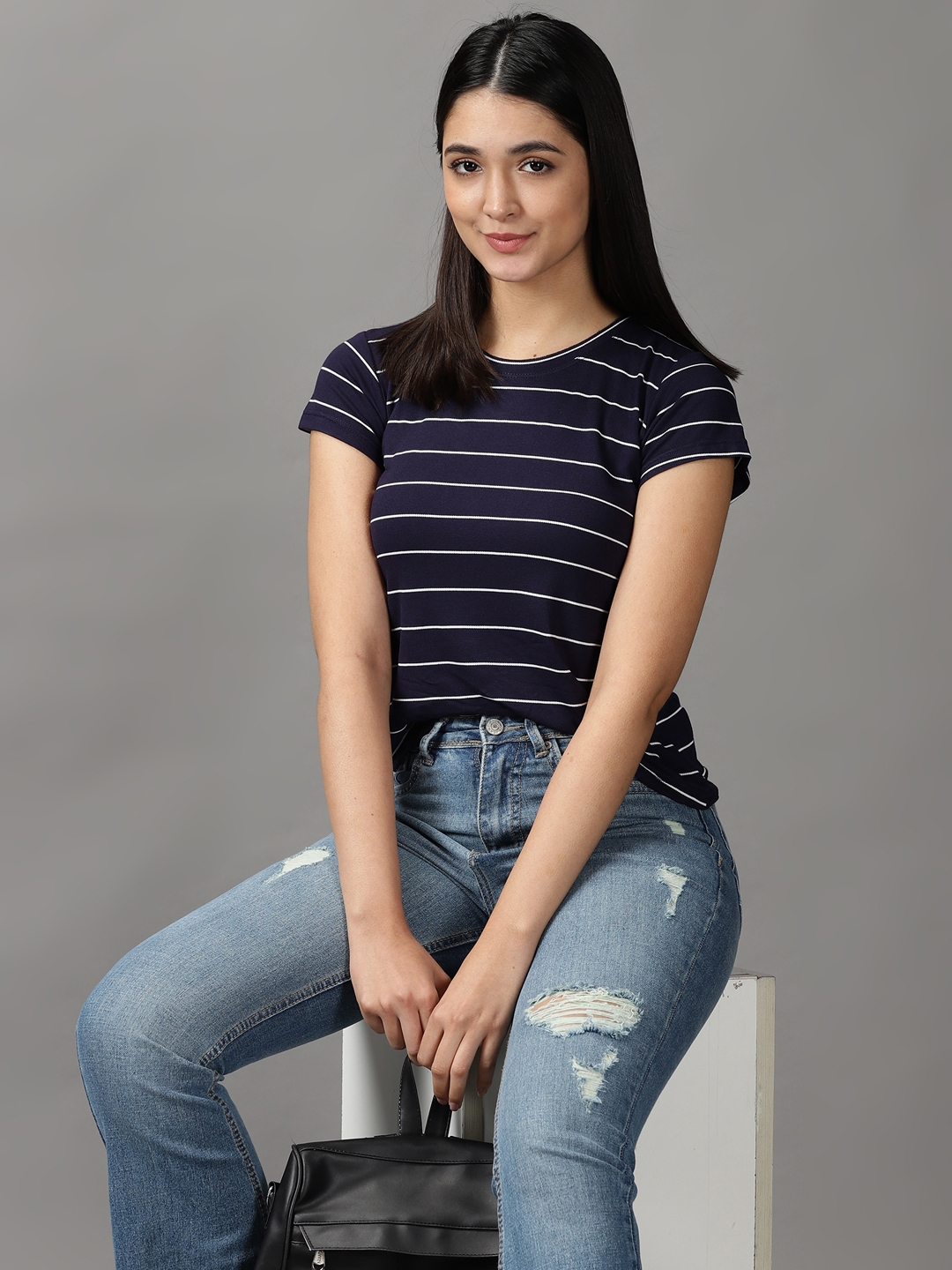 Women's Blue Polyester Striped Tops