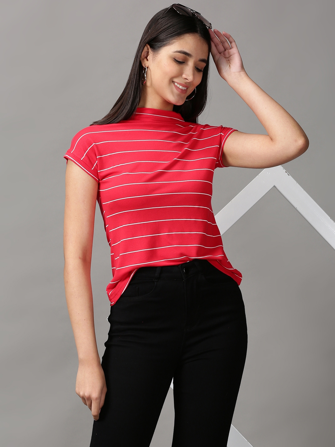 Women's Red Polyester Striped Tops