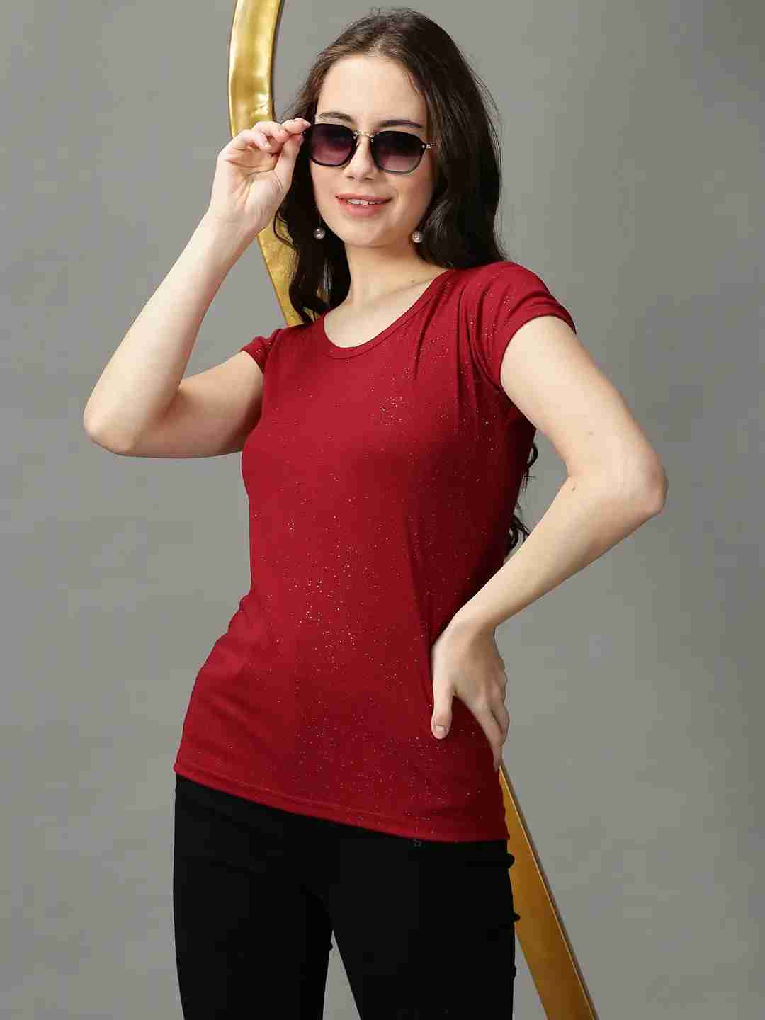 SHOWOFF Women's Short Sleeves Round Neck Maroon Solid Top