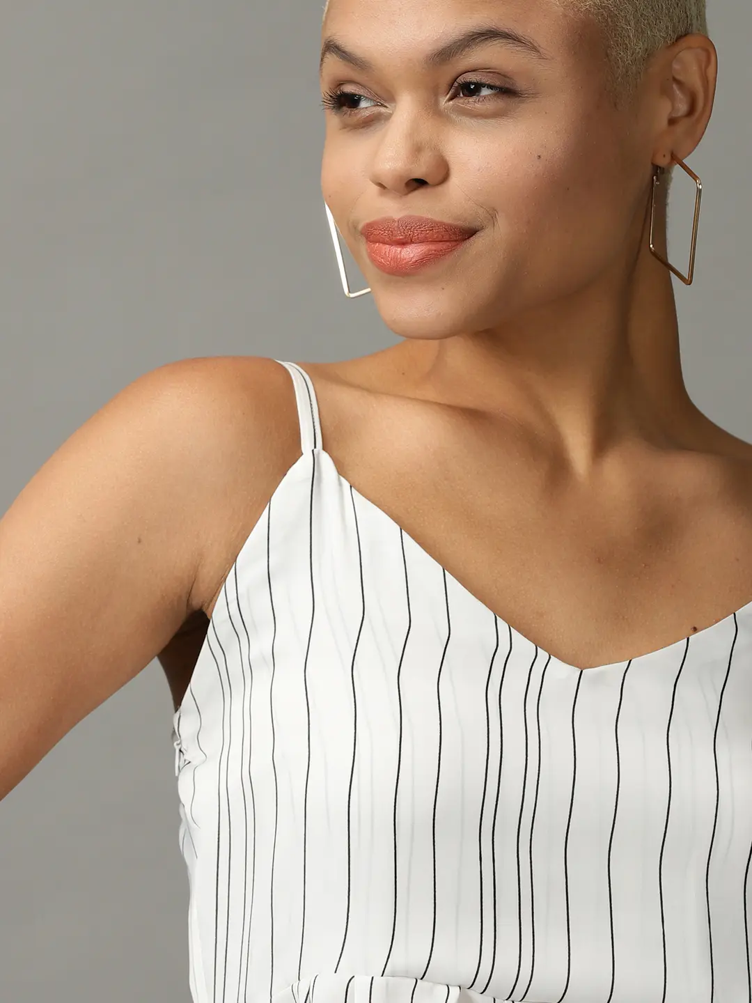 Women's White Polyester Striped Tops