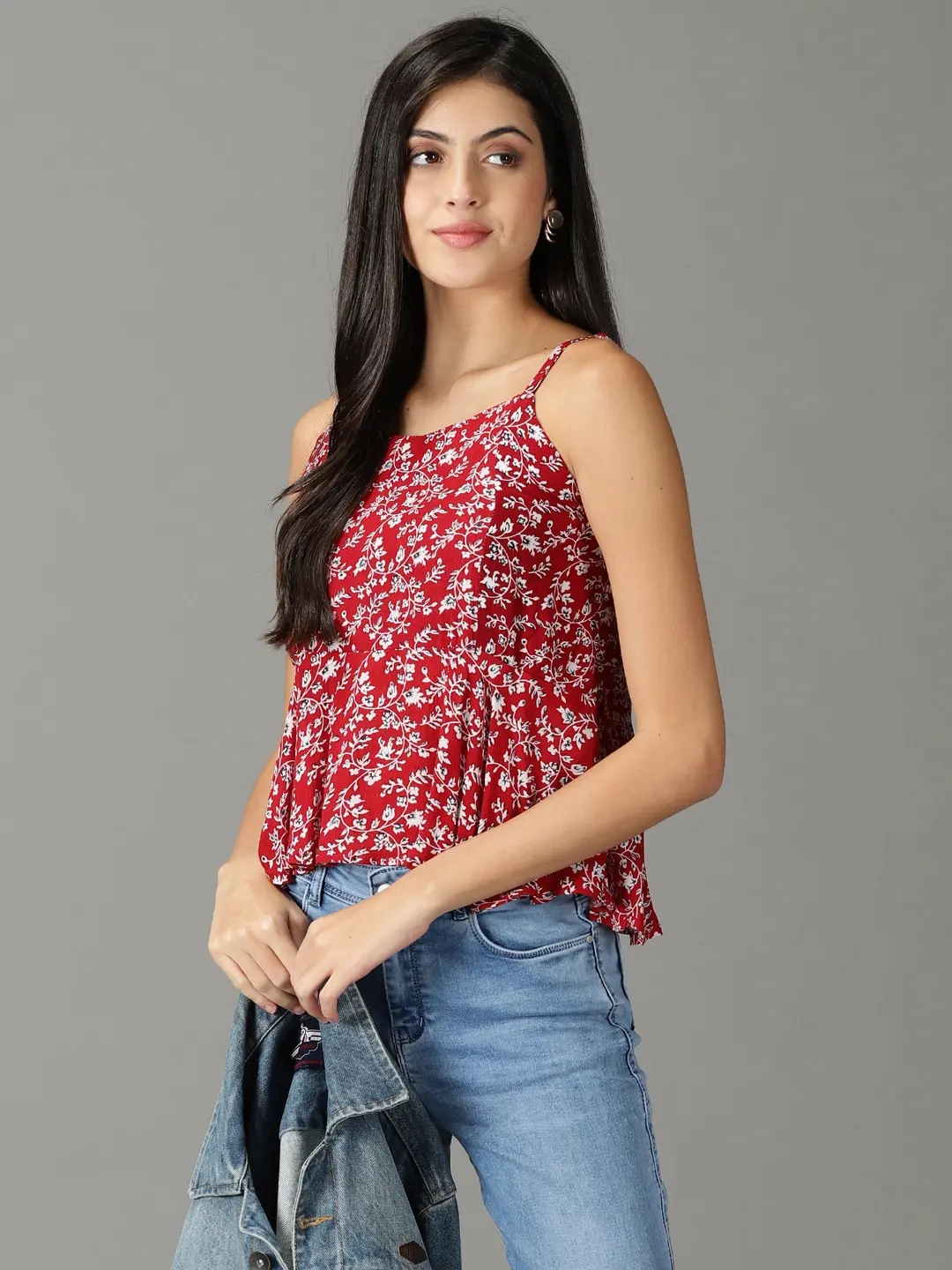 SHOWOFF Women's Sleeveless Shoulder Straps Red Printed Top
