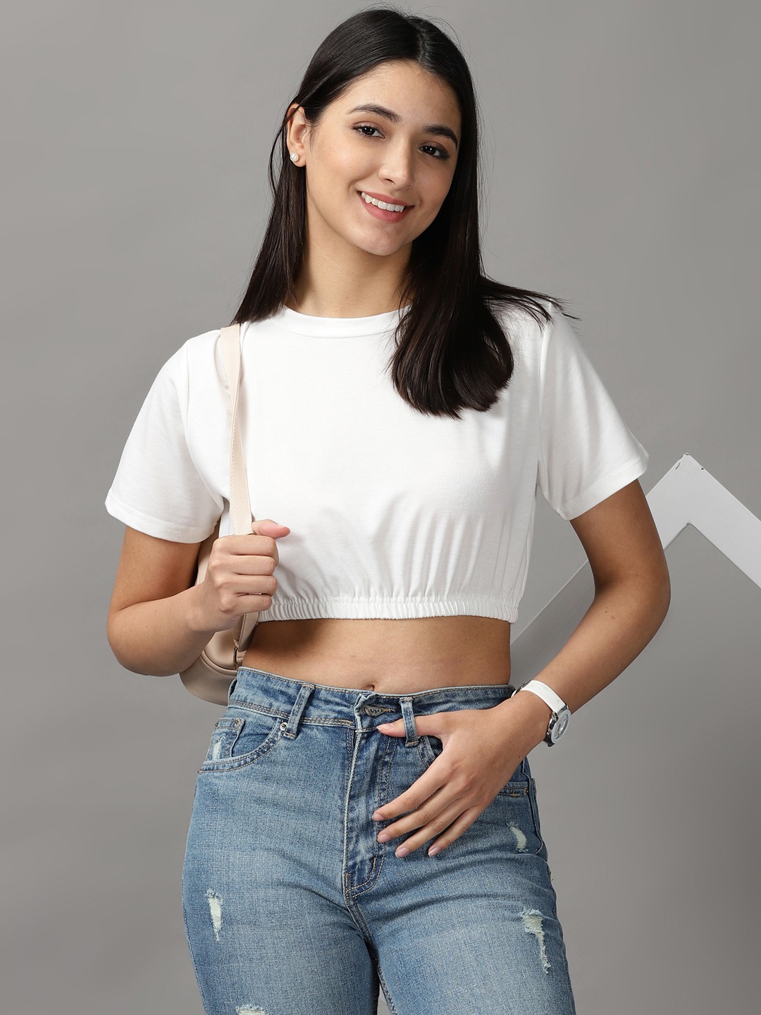 Women's White Polycotton Solid Tops