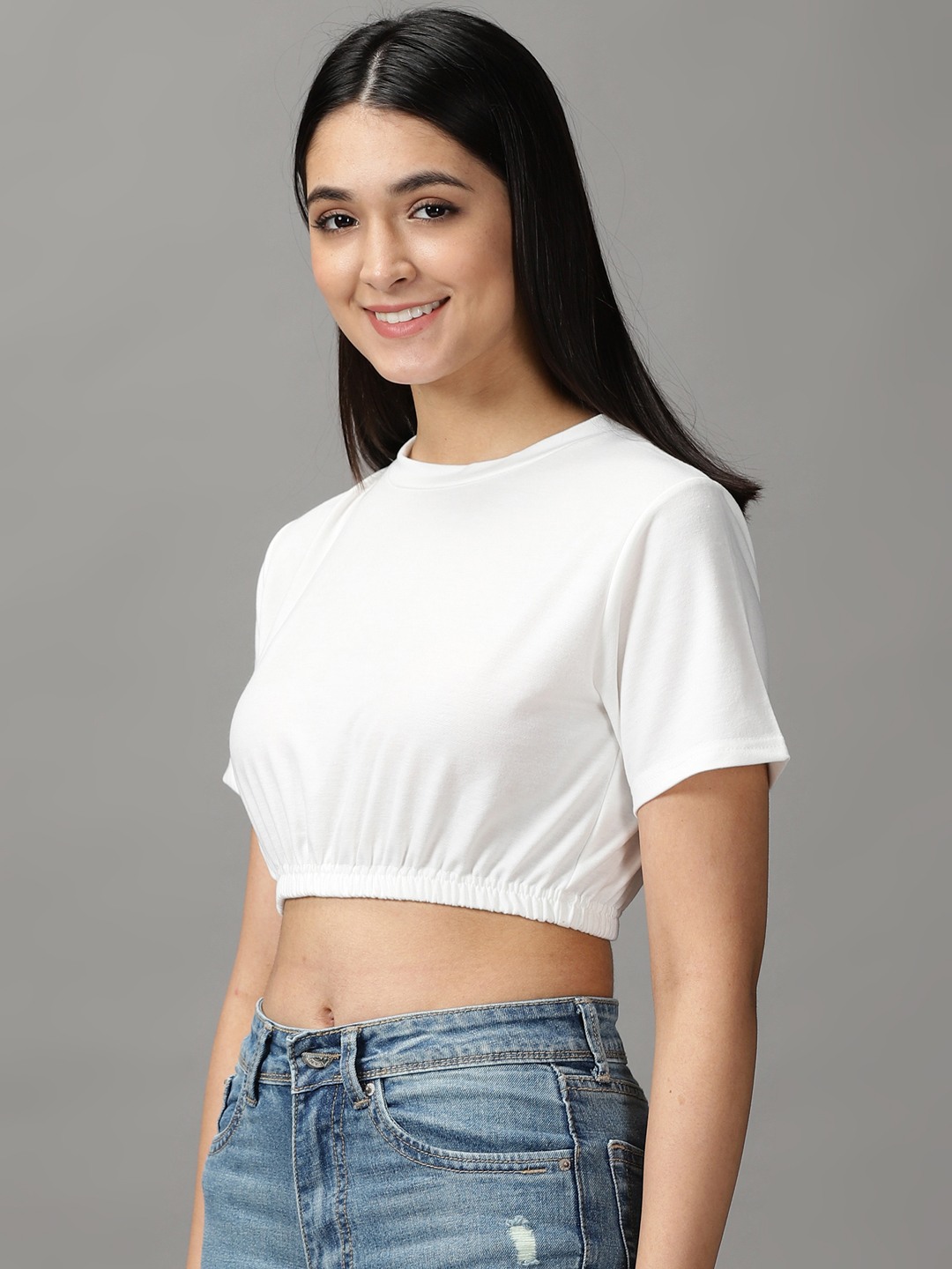 SHOWOFF Women White Solid  Round Neck Short Sleeves Crop Corset Top