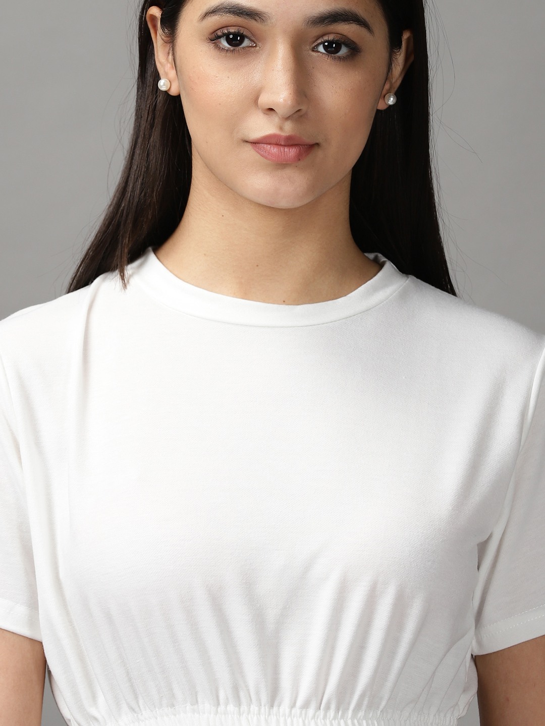 SHOWOFF Women White Solid  Round Neck Short Sleeves Crop Corset Top