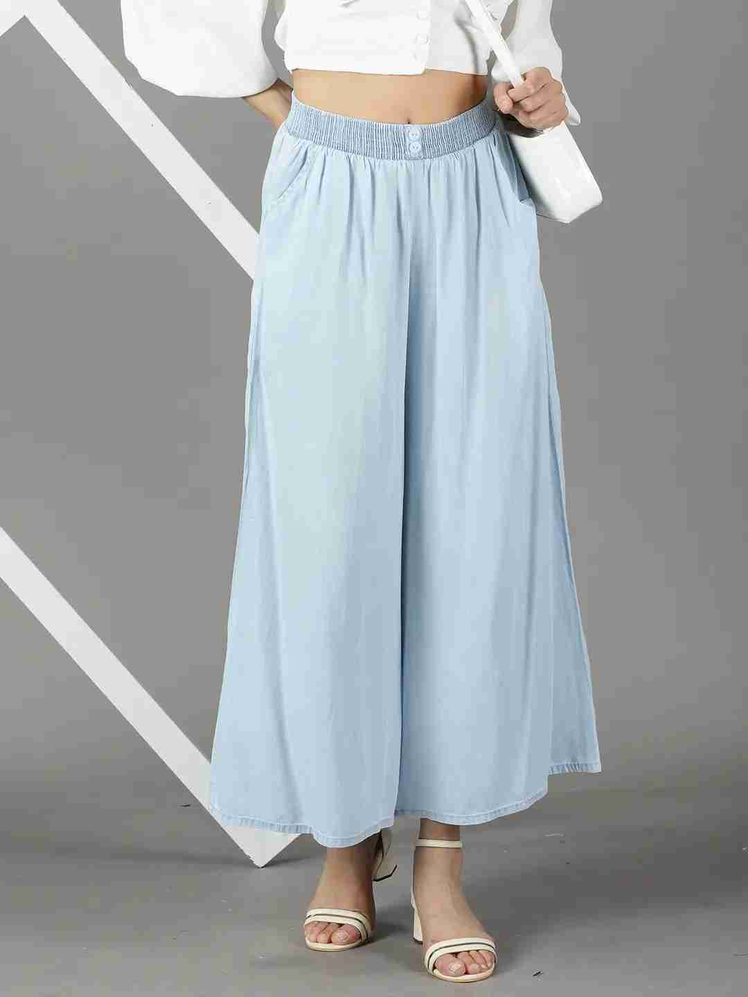 SHOWOFF Women's High-Rise Blue Solid Flared Culottes Trouser