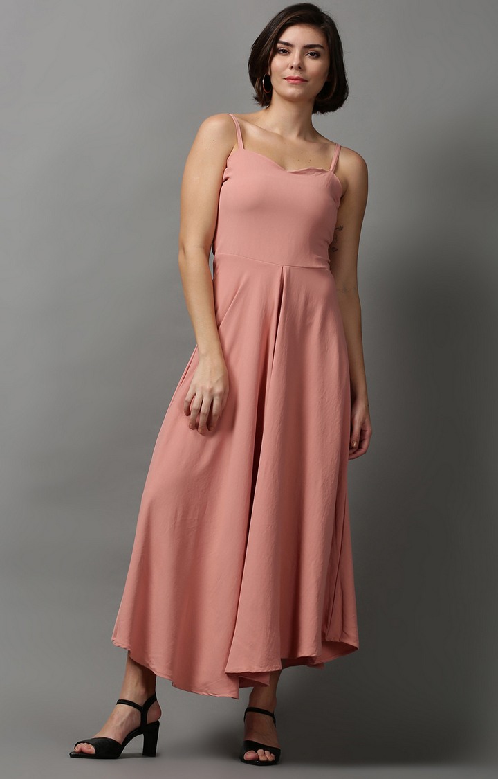 SHOWOFF Women Peach Solid Sweetheart Neckline Sleeveless Maxi Fit and Flare Dress