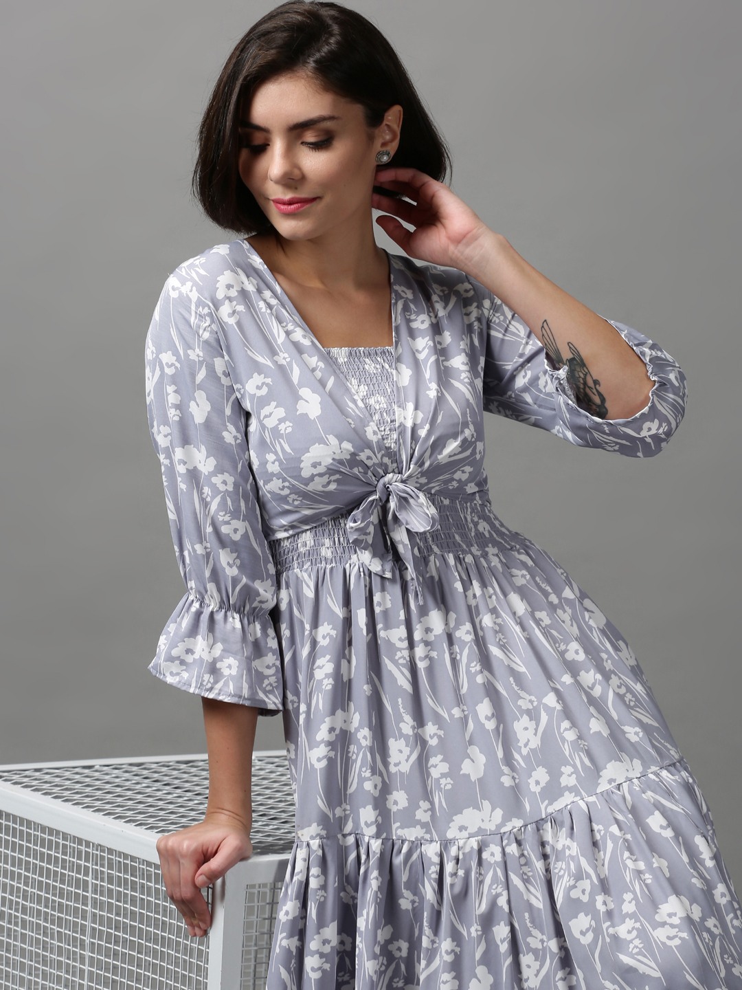 Women's Grey Polyester Printed Dresses