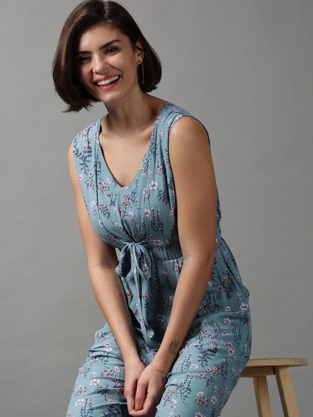 Women's Blue Viscose Printed Jumpsuits