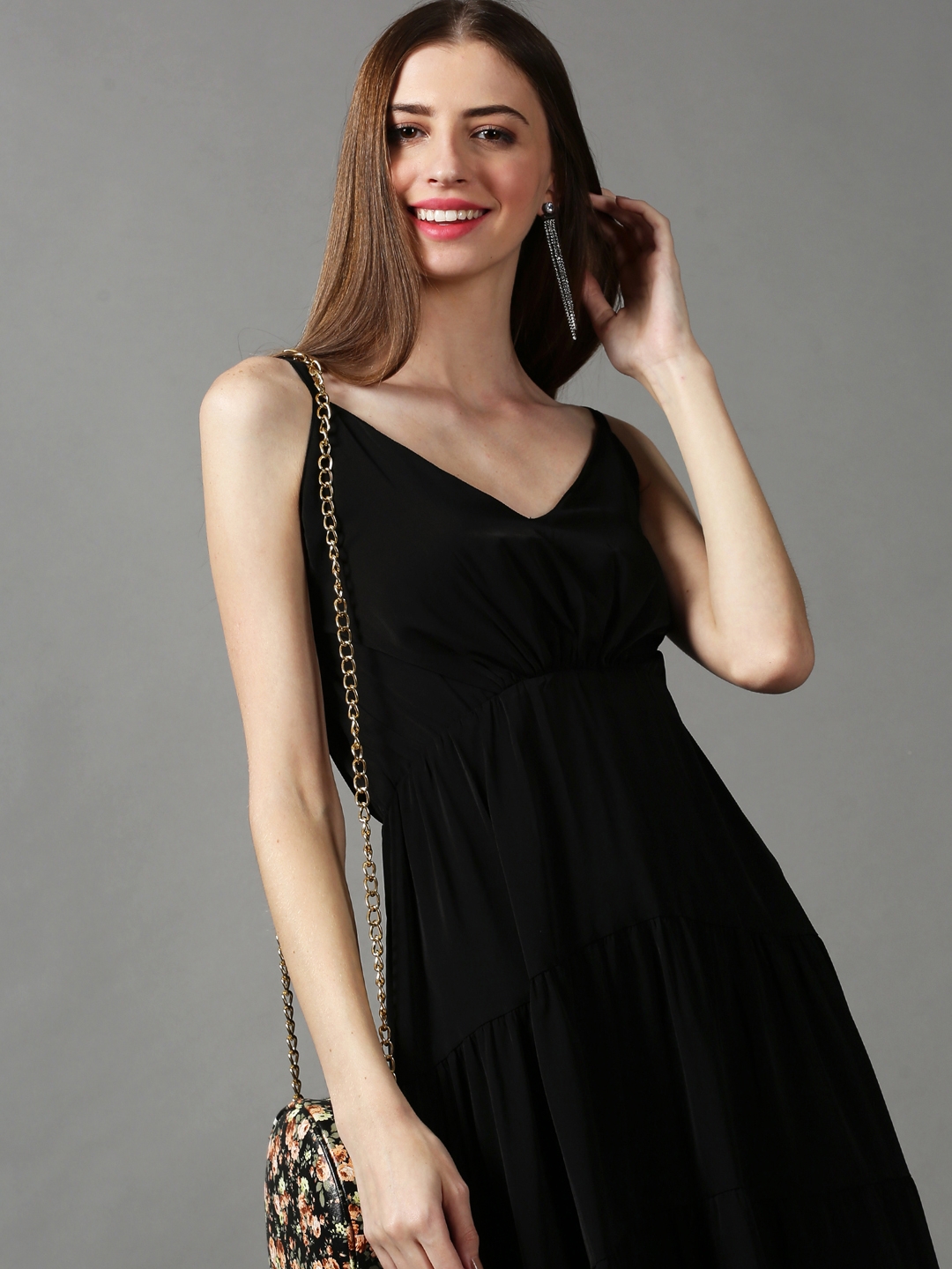 SHOWOFF Women Black Solid V Neck Sleeveless Maxi Fit and Flare Dress