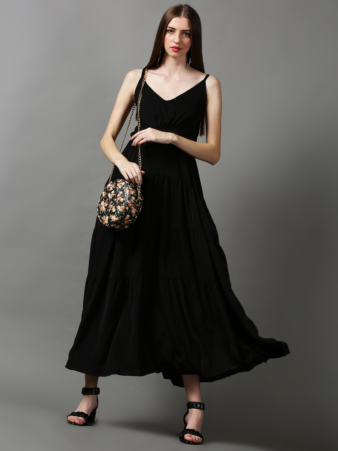 SHOWOFF Women's V-Neck Solid Black Maxi Dress