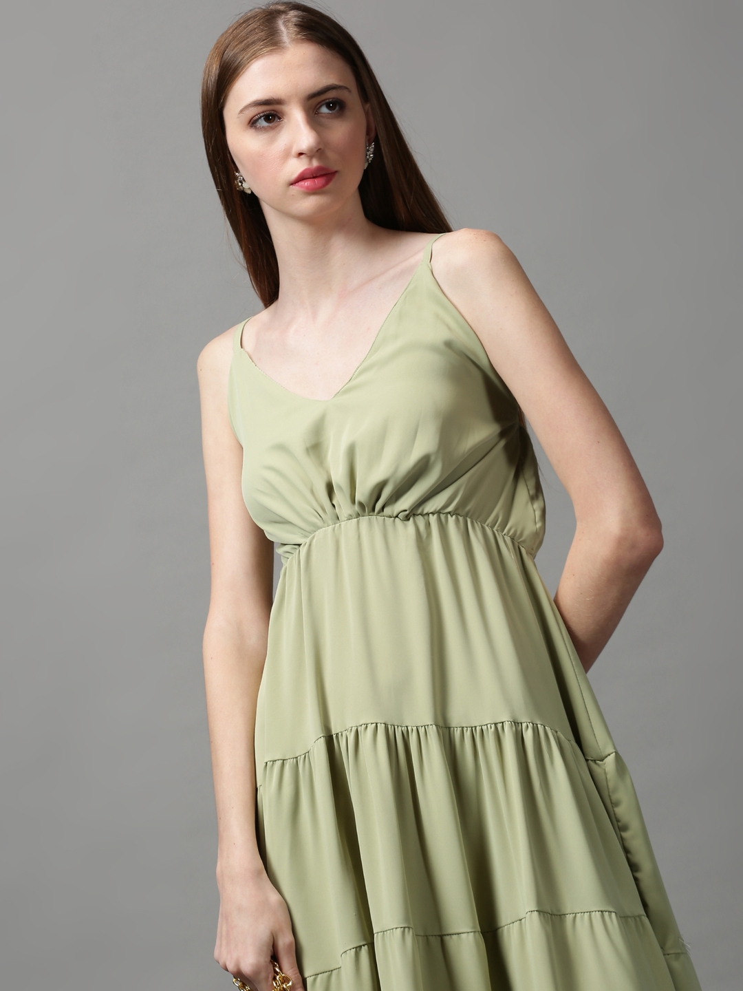 SHOWOFF Women's V-Neck Solid Green Maxi Dress