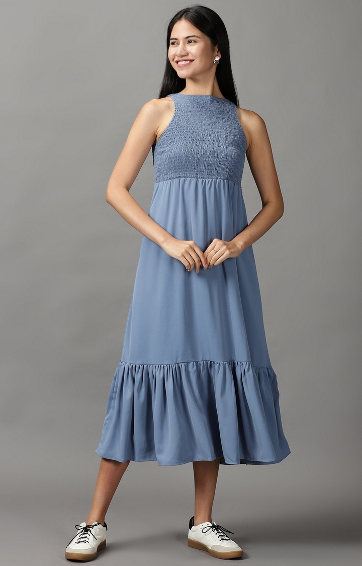 SHOWOFF Women Blue Solid Round Neck Sleeveless Maxi Fit and Flare Dress
