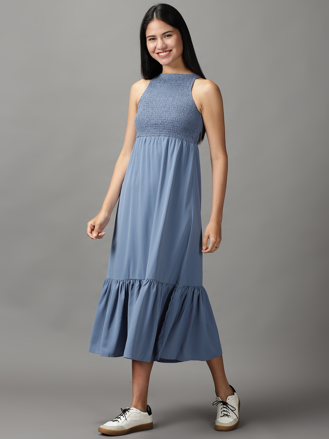 SHOWOFF Women Blue Solid Round Neck Sleeveless Maxi Fit and Flare Dress