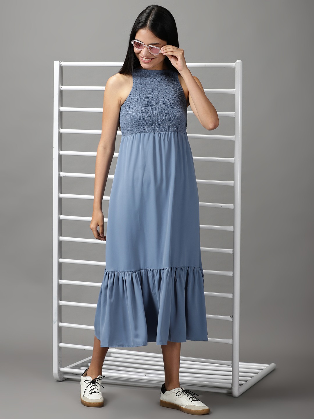 SHOWOFF Women Blue Solid Round Neck Sleeveless Maxi Fit and Flare Dress
