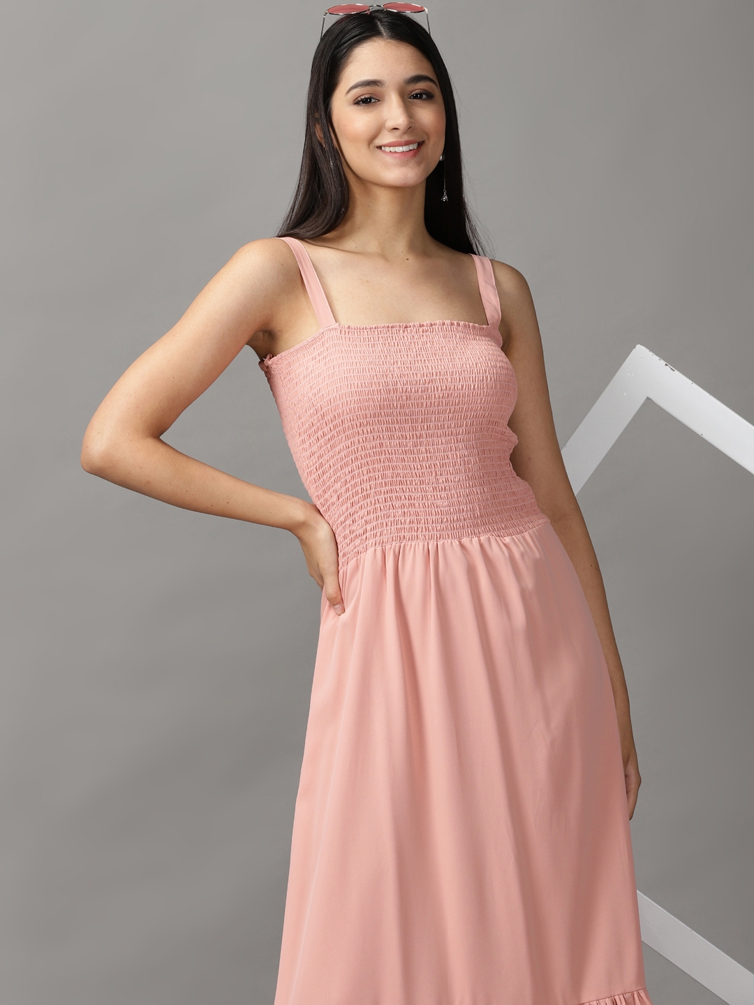 SHOWOFF Women's Shoulder Straps Maxi Peach Solid Dress