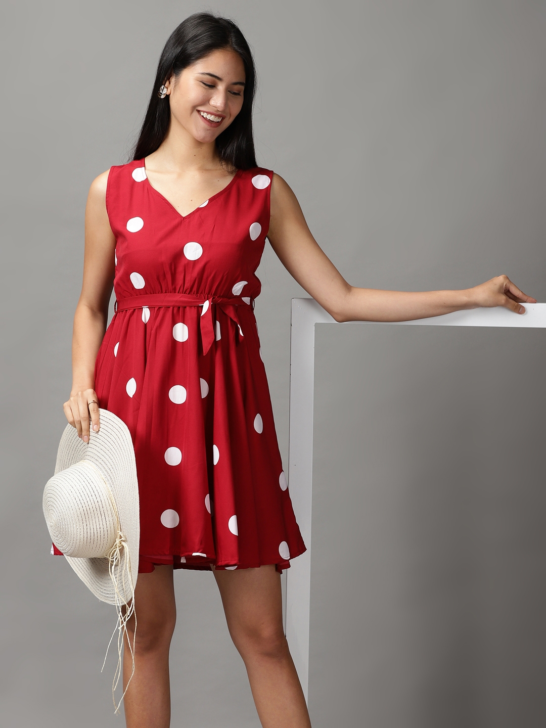 Women's Red Polyester Polka Dots Dresses