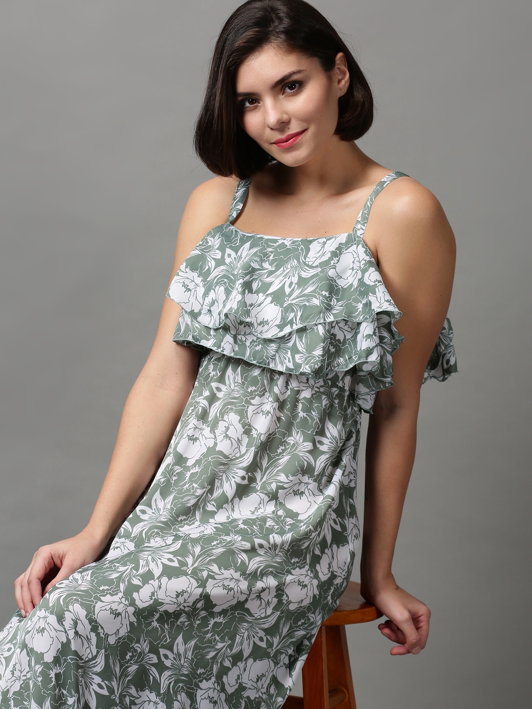 Showoff | SHOWOFF Women's Shoulder Straps Floral Green Maxi Dress