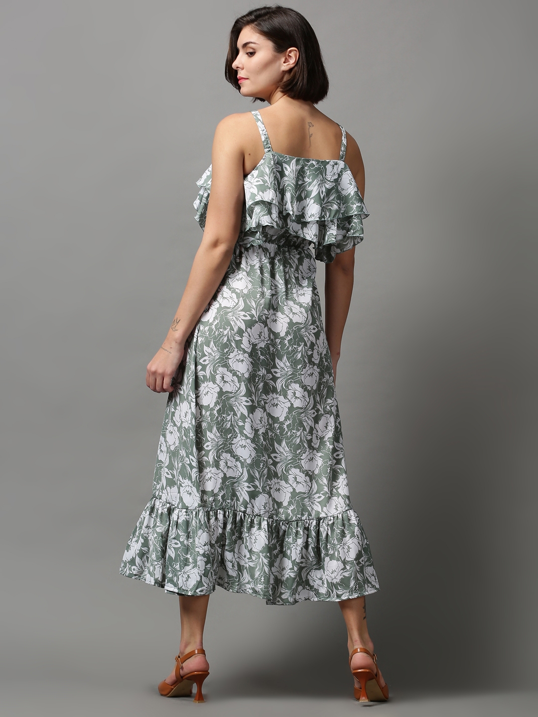 SHOWOFF Women Green Printed Shoulder Straps Sleeveless Maxi Fit and Flare Dress