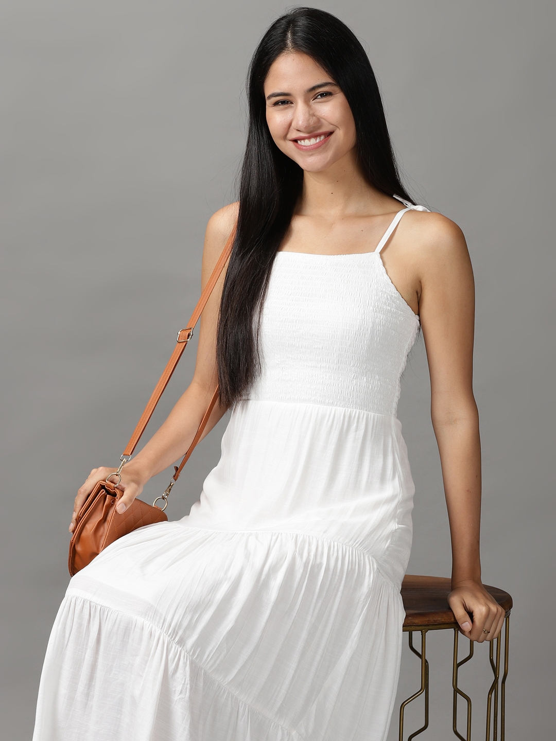 SHOWOFF Women's Shoulder Straps Maxi White Solid Dress