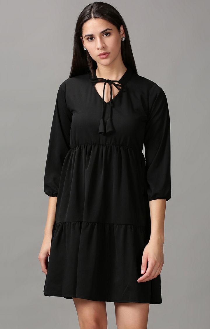 SHOWOFF Women Black Solid Keyhole Neck Three-Quarter Sleeves Above Knee Fit and Flare Dress