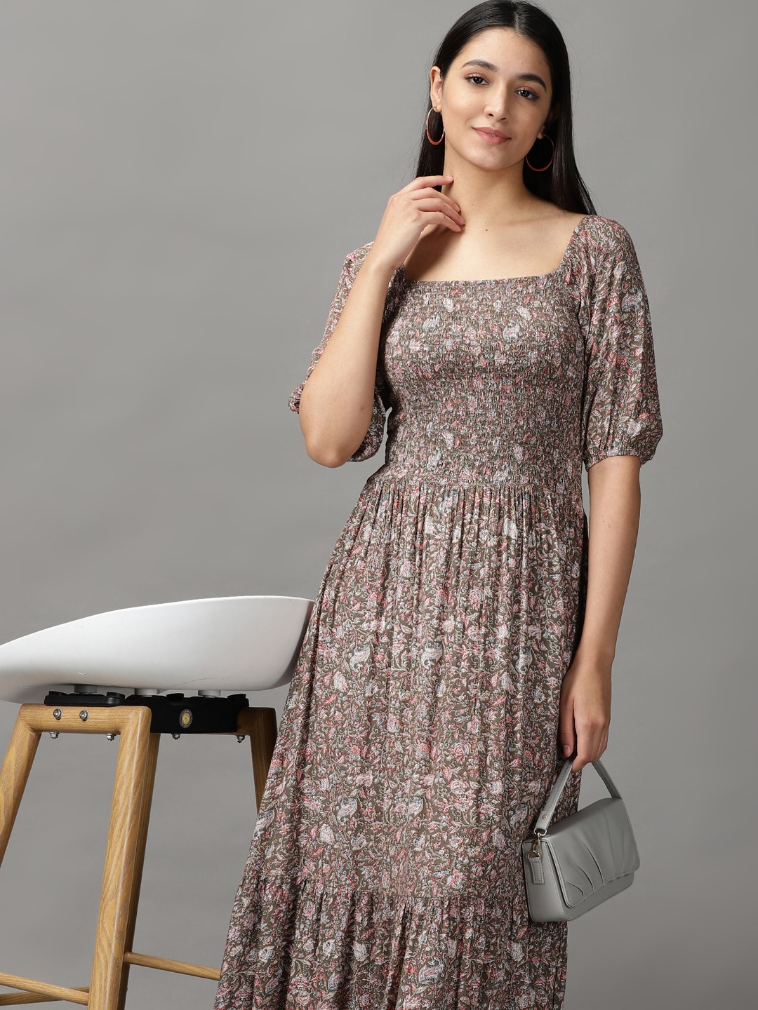 SHOWOFF Women's Square Neck Maxi Grey Printed Dress