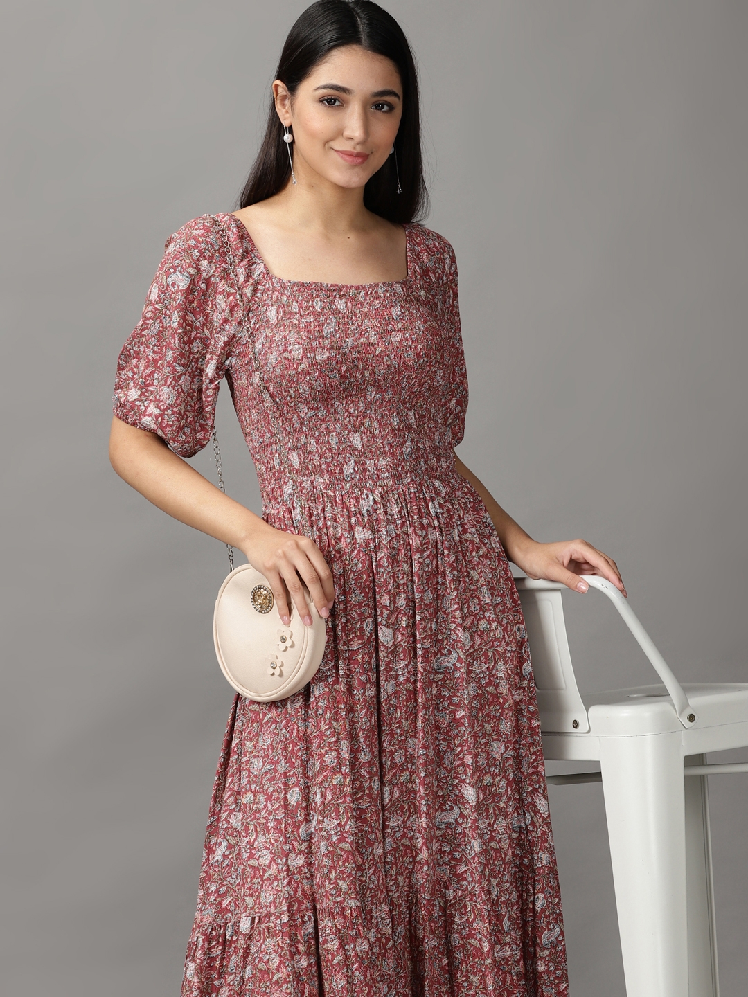 SHOWOFF Women Mauve Printed Square Neck Short Sleeves Maxi Fit and Flare Dress
