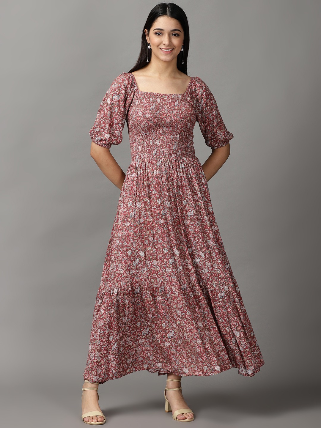 SHOWOFF Women Mauve Printed Square Neck Short Sleeves Maxi Fit and Flare Dress