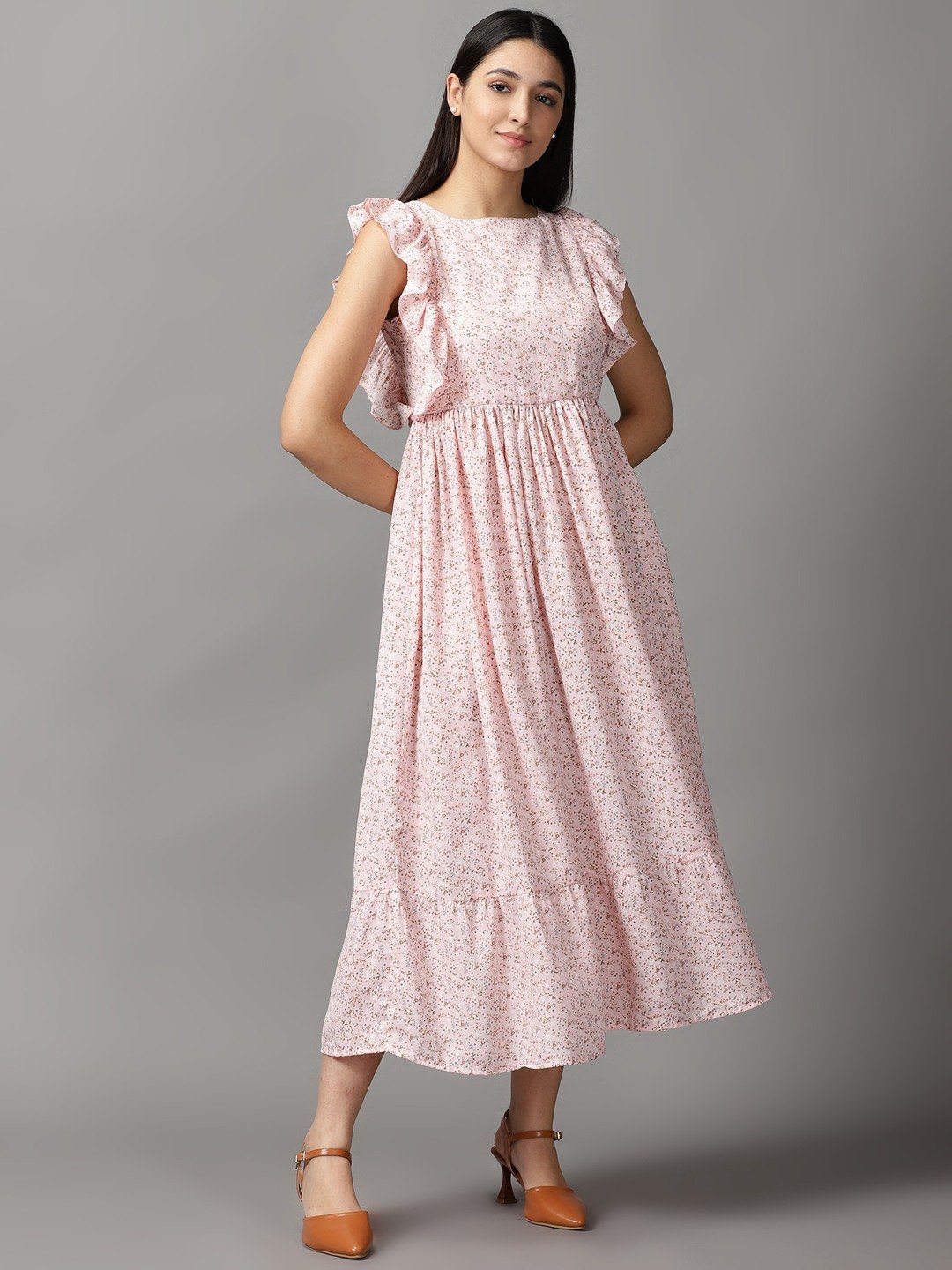 SHOWOFF Women's Boat Neck Maxi Pink Floral Dress