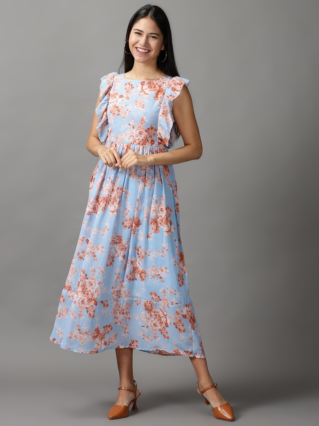 Women's Blue Polyester Floral Dresses
