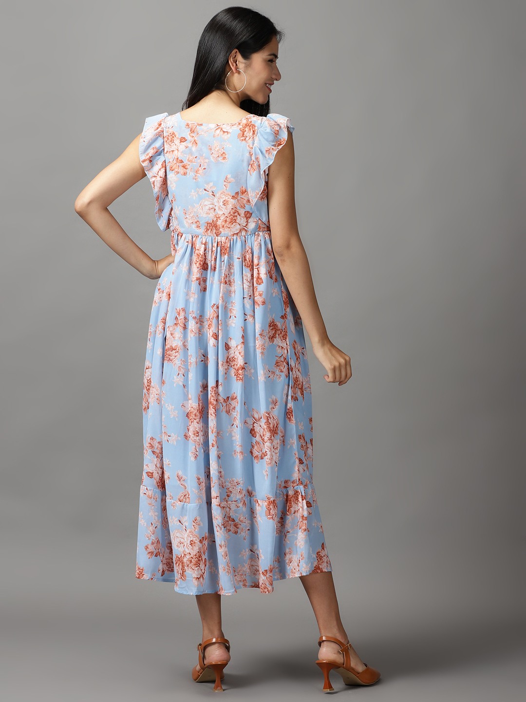 Women's Blue Polyester Floral Dresses