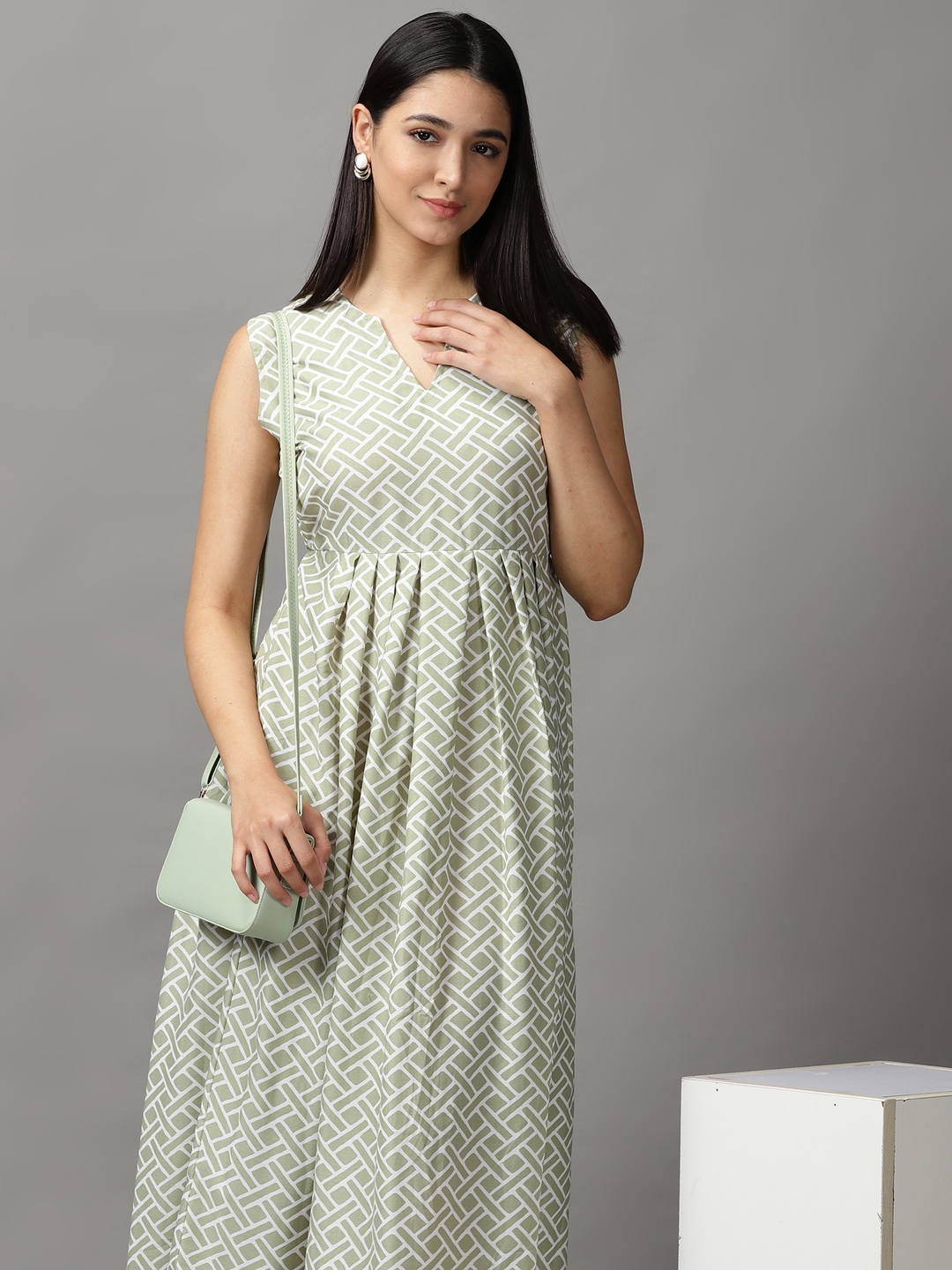 SHOWOFF Women Sea Green Geometric V Neck Sleeveless Maxi Fit and Flare Dress