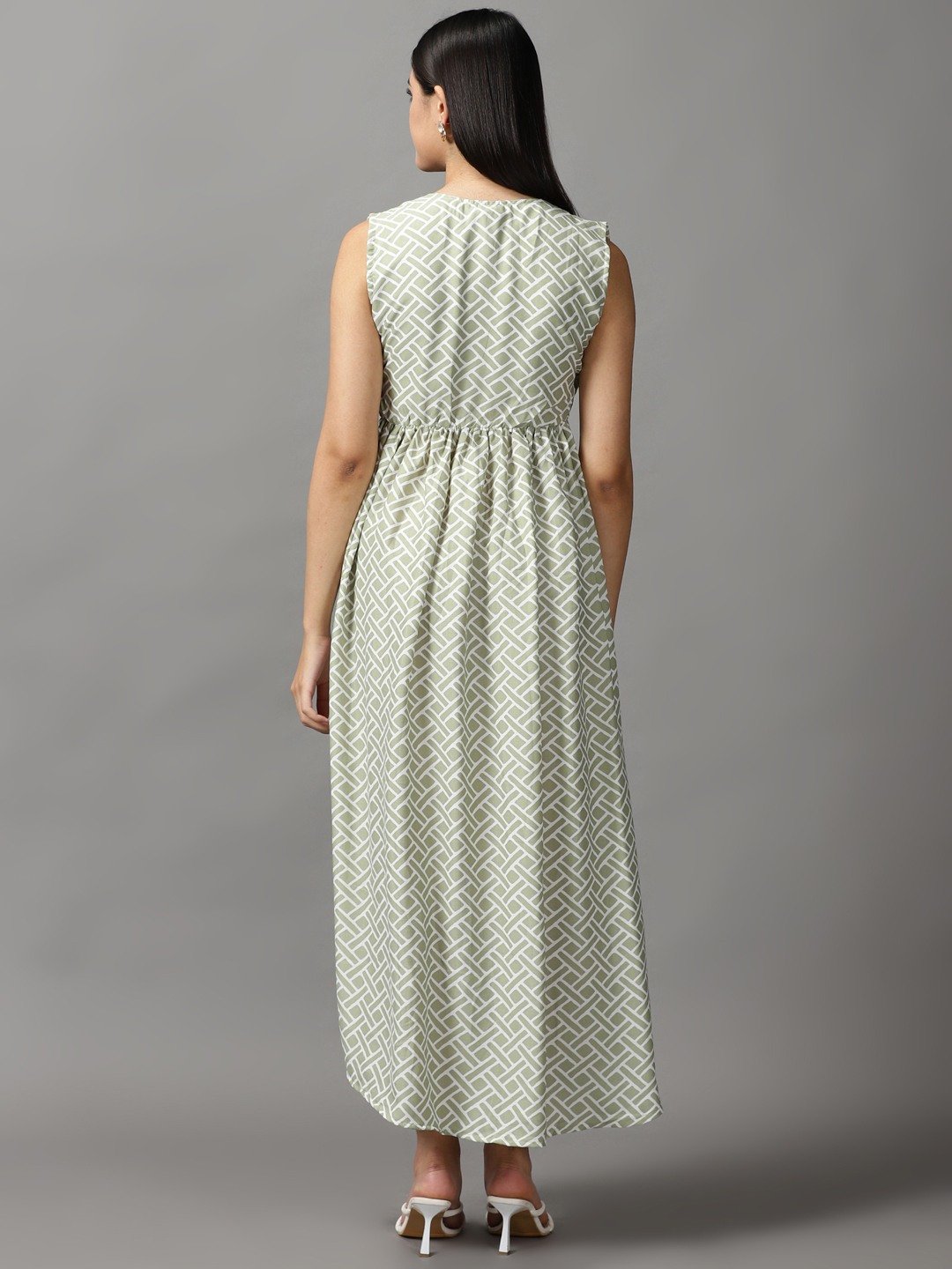 SHOWOFF Women Sea Green Geometric V Neck Sleeveless Maxi Fit and Flare Dress