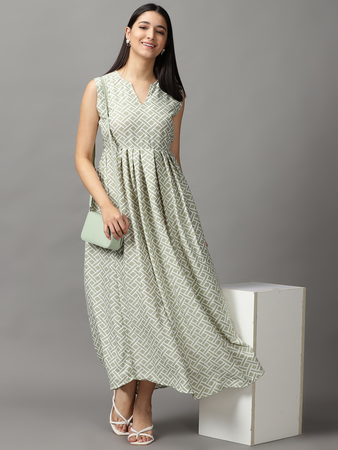 SHOWOFF Women Sea Green Geometric V Neck Sleeveless Maxi Fit and Flare Dress